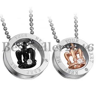 #ad 2PCS Stainless Steel Crown His and Her Promise Matching Love Couple Necklace Set $12.99
