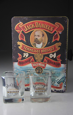 #ad Jack Daniels 1904 Gold Medal No.7 Tennessee Whiskey Large Tin Box w 2 Glasses $39.99
