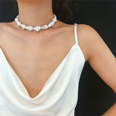 Big Pearl Imitation Necklace Baroque Style Necklaces Women White Neck Accessory $8.48