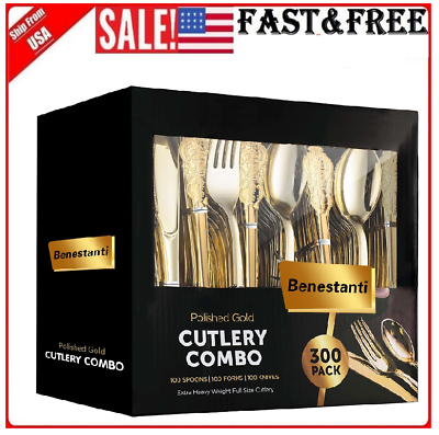 #ad 300 Pcs Gold Plastic Silverware Set Gold Plastic Cutlery Disposable Flatware H $36.99