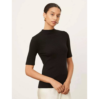 Vince Womens Top Small Black Elbow Sleeve Mock Neck Pullover Cotton Plain $34.00