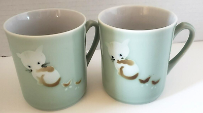 #ad Pr Vintage Pale Blue Otagiri Cat Kitty Coffee Tea Mugs Cups with Birds $19.97