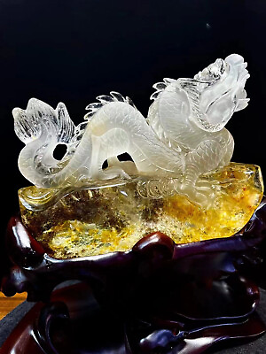 #ad Natural White crystal Yellow gum flower Quartz Carved dragon Decoration $1304.99