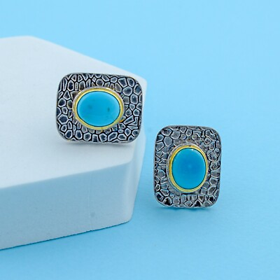 #ad Textured Silver 925 Cufflinks Men#x27;s Natural Gemstone Turquoise Jewelry VALENTINE $168.30