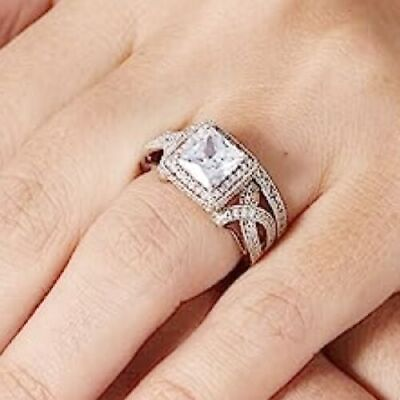 #ad 4ct Princess cut 14k White Gold Sterling Lab Created Diamond Wedding Ring Set $59.00