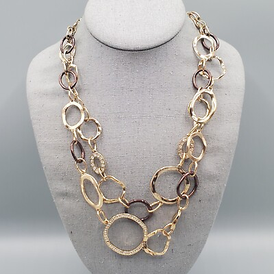 Open Ring Necklace Two Tone Hammered Rhinestone Adjustable Missing Stone 20quot; $15.99