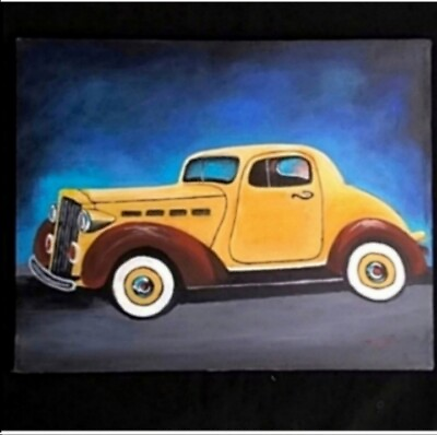 #ad Yellow Classic Car Auto Historicpainting original artist acrylic on canvas gift $95.00