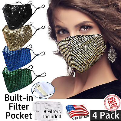 #ad Bling Sequin Glitter Holiday Gift Fashion Face Covering with Filter 4 Pack $9.99