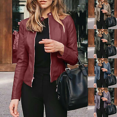 #ad Ladies Casual Zip Up Faux Leather Jacket Biker Blazer Coat Women Outwear Tops $26.40