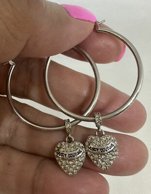 #ad Juicy Couture Silver Tone Hoop Earrings With Pave Crystal Dangle Heart Charm EUC $24.95