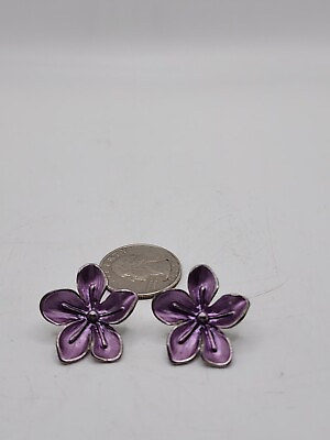 #ad Vintage Pierced Earrings Purple Enamel Flower 1 Inch Unbranded 1970 1980 $12.75