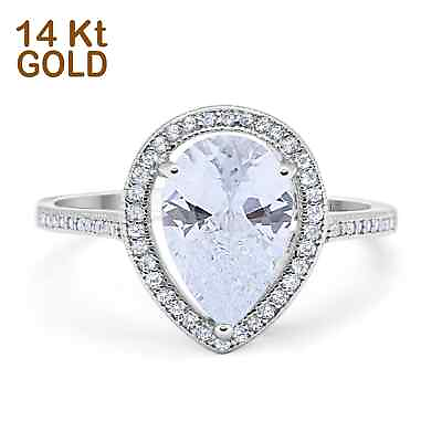 #ad 14K White Gold Halo Teardrop Bridal Ring Pear Round Cubic Zirconia $262.79