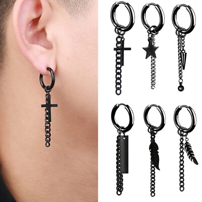 #ad 1PC Black Stainless Steel Earrings Ear Hoop Dangle Punk Hip Hop Men Jewelry Gift GBP 2.49