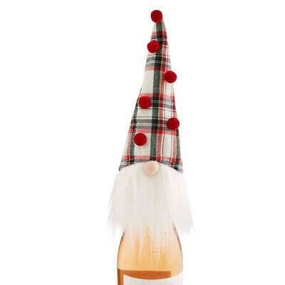 #ad Mud Pie Home Christmas Gnome Wine Bottle Gift Cover White Tartan Plaid Hat $10.99