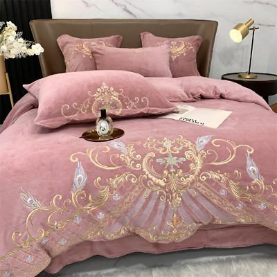#ad Soft Velvet Fleece Warm Luxury Embroidery 4Pcs Bedding Set Furry Cover Bed Linen $274.30