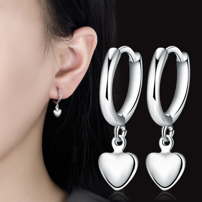 #ad 925 Sterling Silver Plated Dangle Heart Huggie Hoop Earrings Women Girl TH3 $5.95