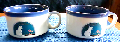 #ad TWO White Embossed Kitty Cat In The Window Soup Mugs VNTG Blue Otagiri Stoneware $28.49