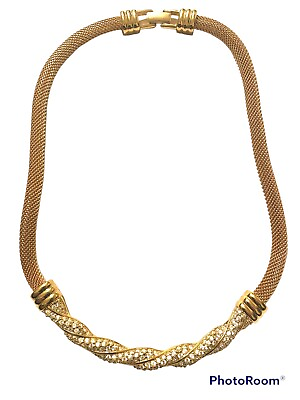 #ad Swarovski Vintage Gold Tone Mesh Metal Rhinestone Choker Necklace 19” Beautiful $90.00