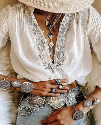 #ad XL New White Lace Long Sleeve Gypsy Boho Blouse Vtg 70s Insp Top Womens X LARGE $64.50