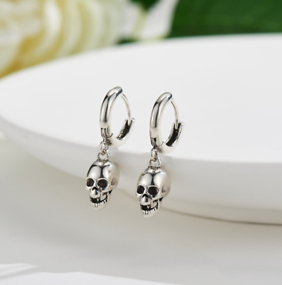 #ad Silver Tiny Skull Drop Dangle Hoop Earrings $9.99
