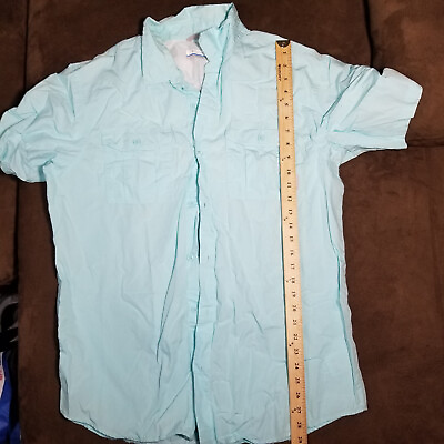 #ad COLUMBIA SPORTSWEAR FISHING SHIRT BUTTON DOWN GREEN MENS LARGE TINY SPOT STAIN $5.50