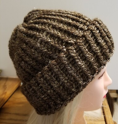 #ad Beautiful Brown w Gold 100% Handcrafted Wool Blend Handmade Soft amp; Warm Beanie $37.99