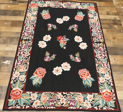 #ad 4#x27;x6#x27; Stunning French Floral Black hand knotted wool Needlepoint area rug $179.70