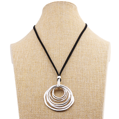 #ad Tibetan Silver Large 7 Circles Pendant Black Suede Cord Necklace 32 Inches Long GBP 3.99