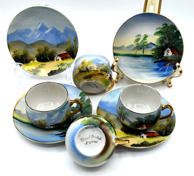 #ad Vintage Hand Painted Demitasse Cup and Saucer Set of 4 Mountain Lake Scene $50.00