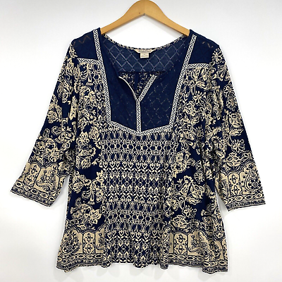#ad Lucky Brand Womens Boho Top Plus Size 3X Navy Blue Floral Print 3 4 Sleeve $24.00