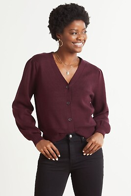 #ad Design History Brielle Puff Cardigan Size XS Wine Tasting V Neck Button Front $42.49