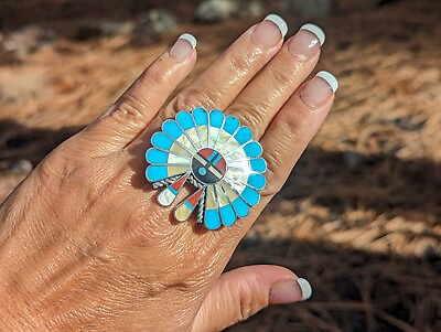 #ad Zuni Ring Native American Sterling Silver Turquoise Sun face Kachina sz 6.5US $420.00