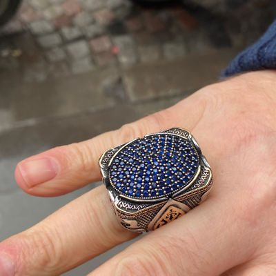 #ad Silver Large Ring Sapphire Stone Ring Turkish Handmade Ottoman Style Ring $155.00