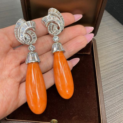 #ad 15 TCW Coral amp; White Cubic Zirconia Hanging Drop amp; Dangle Fashion 925SL Earring $311.06
