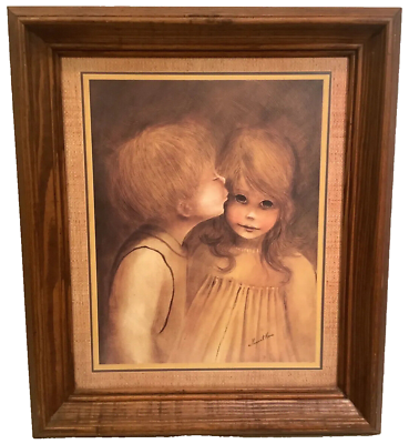 #ad Big Eyes Art Vintage Margaret Kane A LITTLE KISS Print Signed Framed 20quot;x 17quot;🖼 $39.98