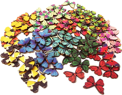 #ad 100PCS Mixed Color 2 Hole Wooden Butterfly Buttons for Sewing Crafts $6.99