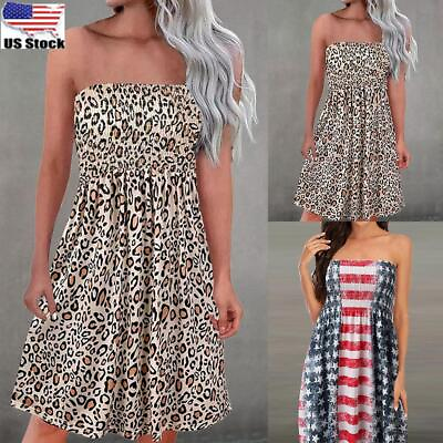 #ad Women Leopard Boobtube Summer Strapless Top Holiday Beach Mini Dress Sundress $19.89