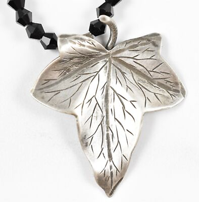 #ad 18quot; Sterling Silver 925 Black Jet Glass amp; Silver Leaf Pendant Necklace 1.6g $40.00