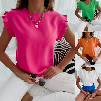 #ad Womens Ruffle Short Sleeve Tops T Shirt Ladies Summer Casual Loose Blouse Tee US $15.95