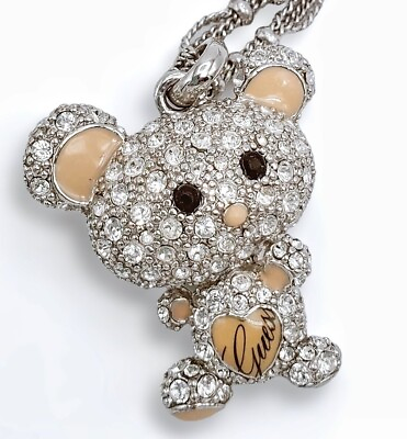 Silver Teddy Bear Pendant Guess Necklace Pave Crystals Heart Enamel Unisex 30quot; $46.00