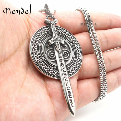 #ad MENDEL Mens Stainless Steel Nordic Norse Viking Odin Shield Pendant Necklace Men $11.39