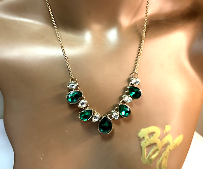 #ad Vintage Statement Necklace Blue Green Teardrop Crystals Bezel Gold Tone NN174 $12.99