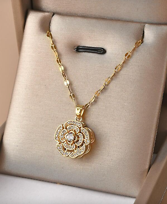 #ad Woman Necklace Fashion 18K Gold Plated Stainless Steel Cute Flower Charm Chain $7.99