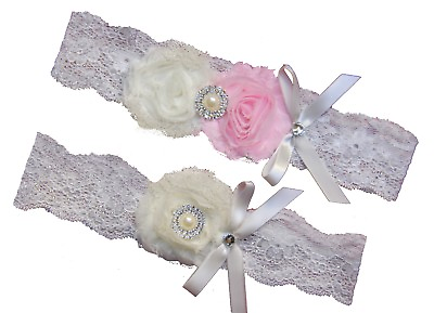 #ad Pink Ivory Wedding Garter Set deco Pearl Rhinestone Bow Chiffon Lace S4P Chic $12.99