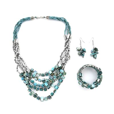 #ad Handmade Blue Jewelry Sets Seed Bracelet Earring Beaded Necklace Multi Layer 22quot; $15.98