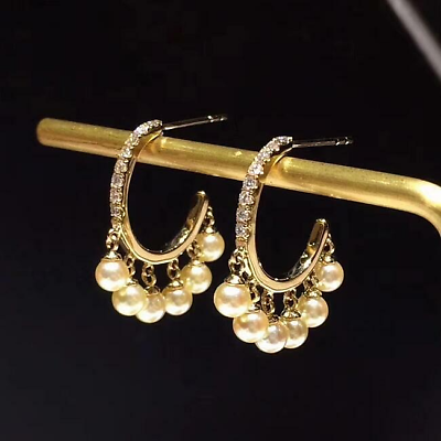 #ad Natural Diamond Pearl Bulb Chandelier Women C Hoop Earrings 14K Yellow Gold Gift $600.00