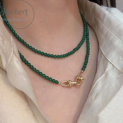 #ad Traditional Long Green Agate Necklace Bead Vintage Collar Chain. $78.61