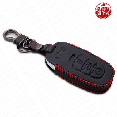 #ad Red Audi Car Remote Leather Key Fob Case Holder Protect Cover Decoration Gift $16.49