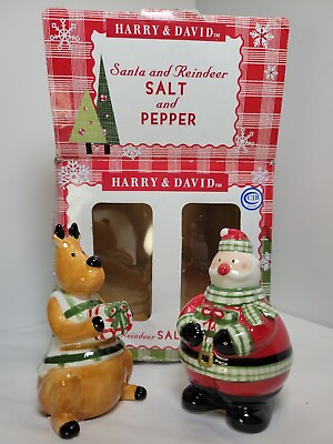 #ad 2007 Harry amp; David Santa And Reindeer Salt and Pepper Shakers in Original Box $18.99