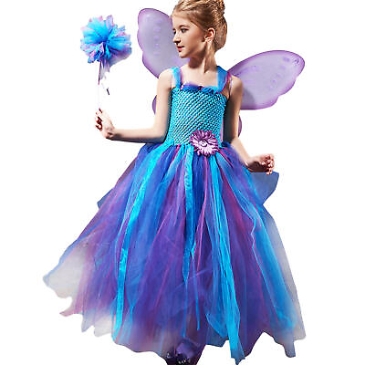 #ad Princess Costume Kid Girl Fairy Princess Dress Butterfly Wings Outfit With Wand $28.88